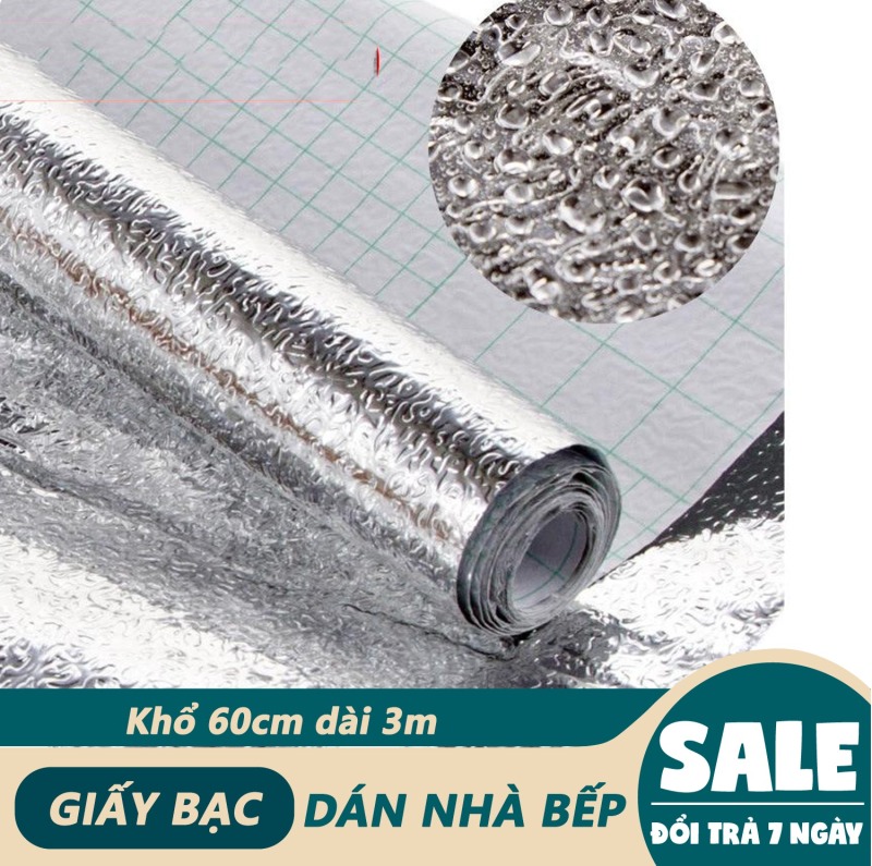 (KHỔ DÀI LỚN) Giấy Bạc Dán Nhà Bếp - Cuộn 3m decal giấy dán bếp tráng nhôm cách nhiệt ô vuông bạc khổ 60cm keo sẵn dễ dàng lau chùi - Hiện đại, phong cách