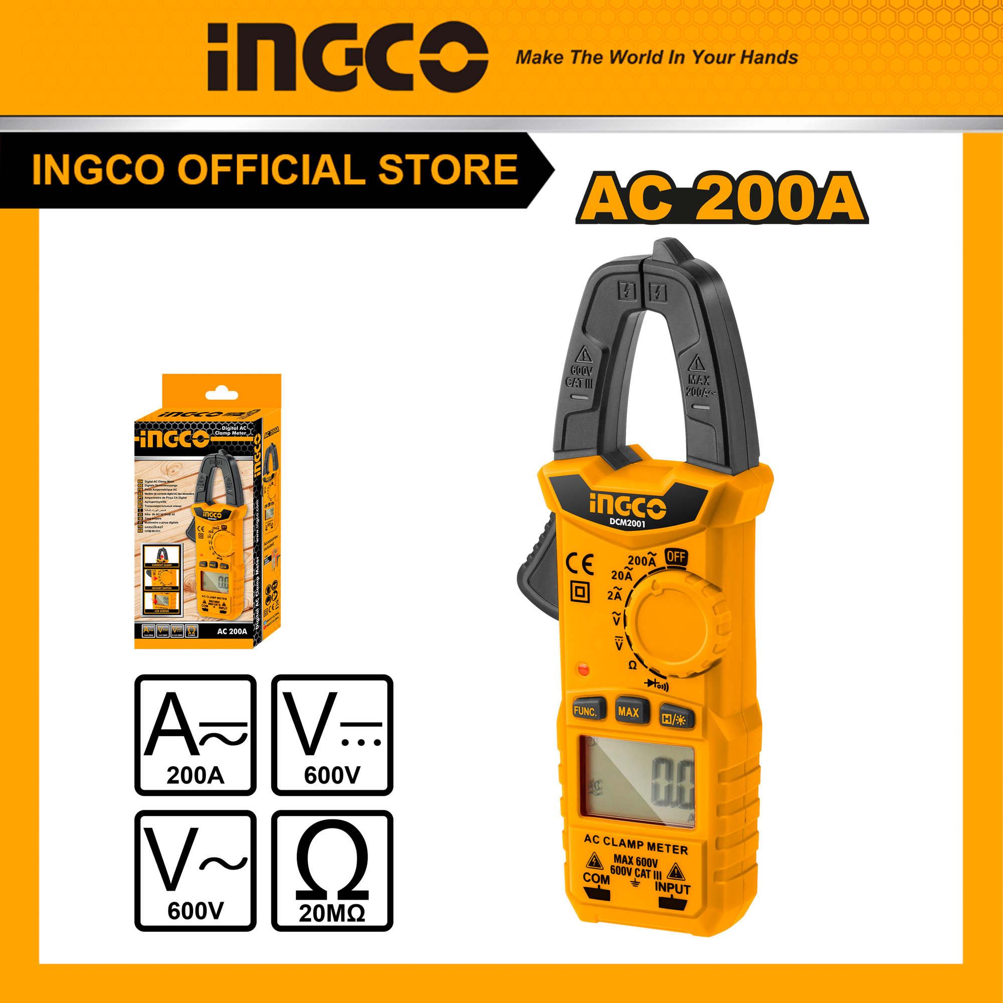 Kềm đo ac kỹ thuật số ingco dcm2001 kềm đo 2000 số đếm, lưu giữ số liệu có hiện mức pin, tự động tắt nguồn