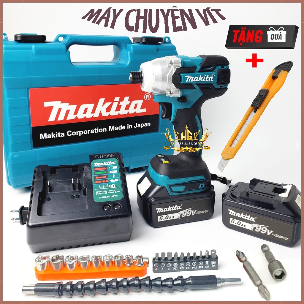 Máy chuyên vít bắt vít chuyên dụng ma.ki.ta 199v, không chổi than, pin 10 cell, lõi đồngtặng kèm mũi bắt vít