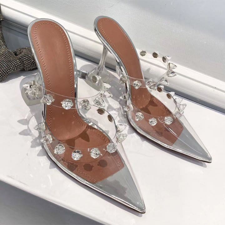 GIÀY CAO GÓT NỮ MŨI NHỌN TÁN ĐINH PHA LÊ TRONG SUỐT SANG CHẢNH DA SI MỀM CAO CẤP - DÉP NỮ CAO 10CM MÀU BẠC BAO BỀN ĐẸP (chuẩn form y hình)