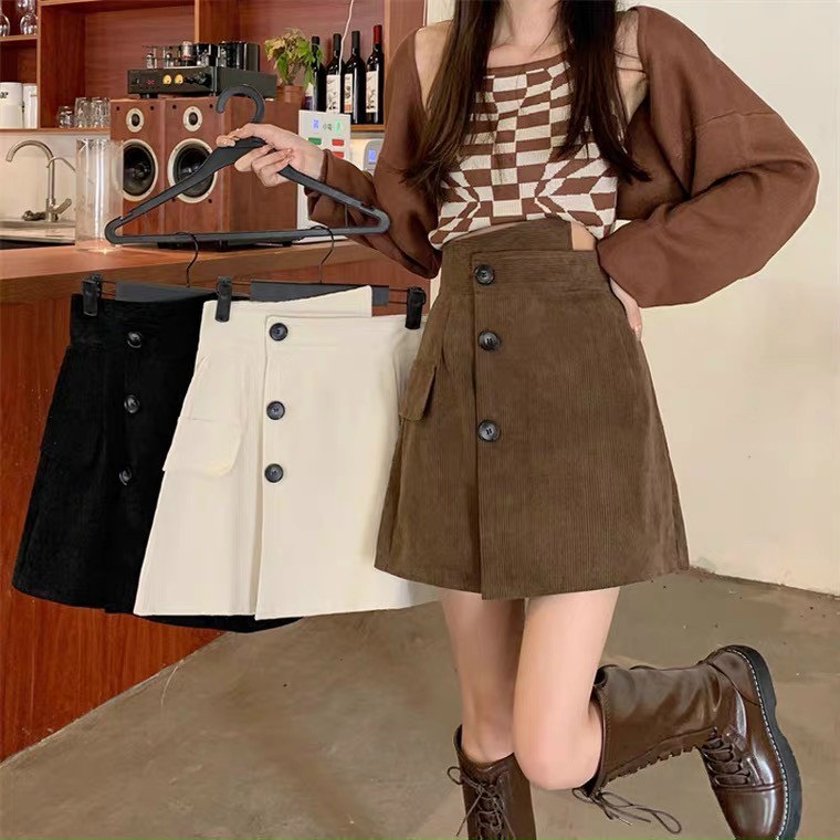 Chân váy nhung chữ a cạp cao vạt chéo 3 khuy hot trend c044