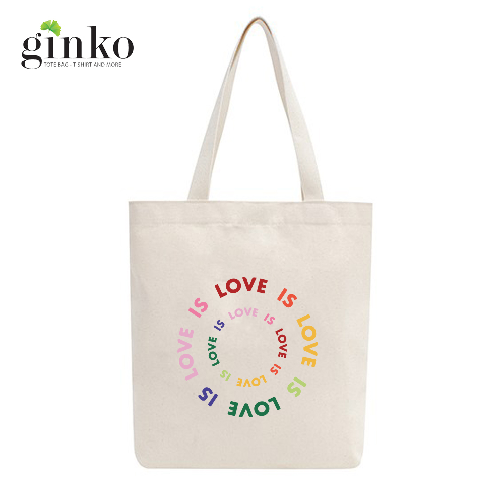 Túi tote vải mộc ginko dây kéo in hình love is love m43