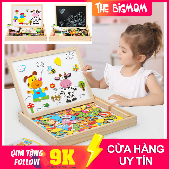 Ghép hình Nam Châm - Bảng nam châm Ghép hình bằng Gỗ 2 mặt Đen -Trắng Cho Bé thỏa sức sáng tạo