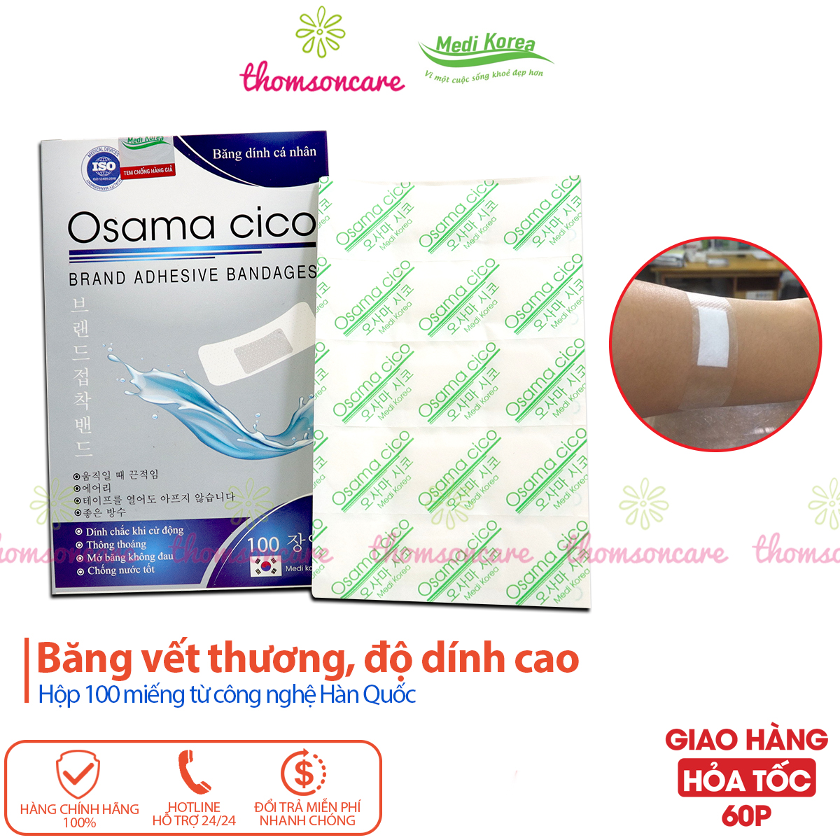 Băng cá nhân trong suốt Plaid Adhesive, băng dính vết thương thẩm mỹ, che mụn hộp 100 miếng chống nước