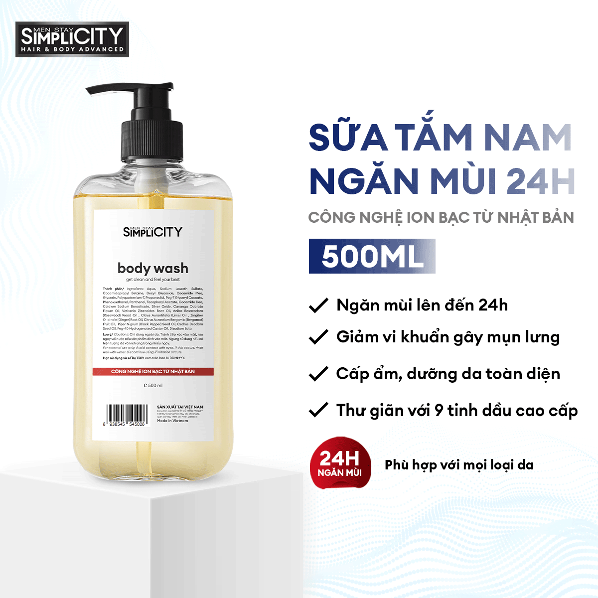 Sữa tắm nam ngăn mùi 24h Ion bạc, tinh dầu cao cấp Men Stay Simplicity body wash 500ml