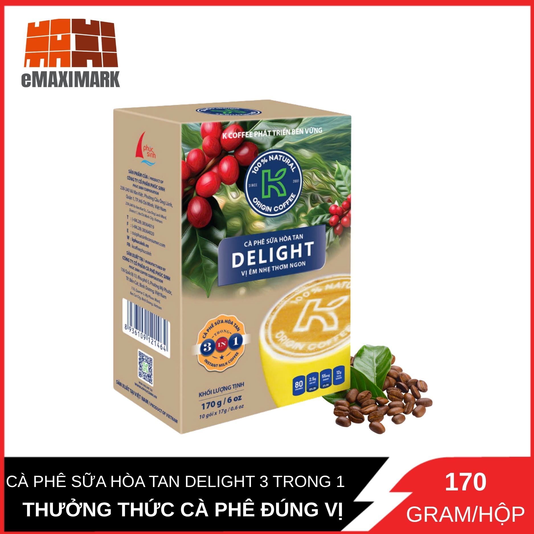 K COFFEE - CÀ PHÊ SỮA HÒA TAN DELIGHT 3 TRONG 1 - 170G/17 GÓI