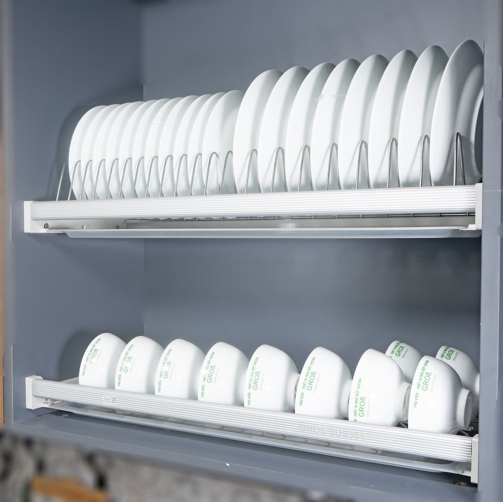 Giá bát cố định 2 tầng bằng Inox sáng bóng khung nhôm của hãng GROB