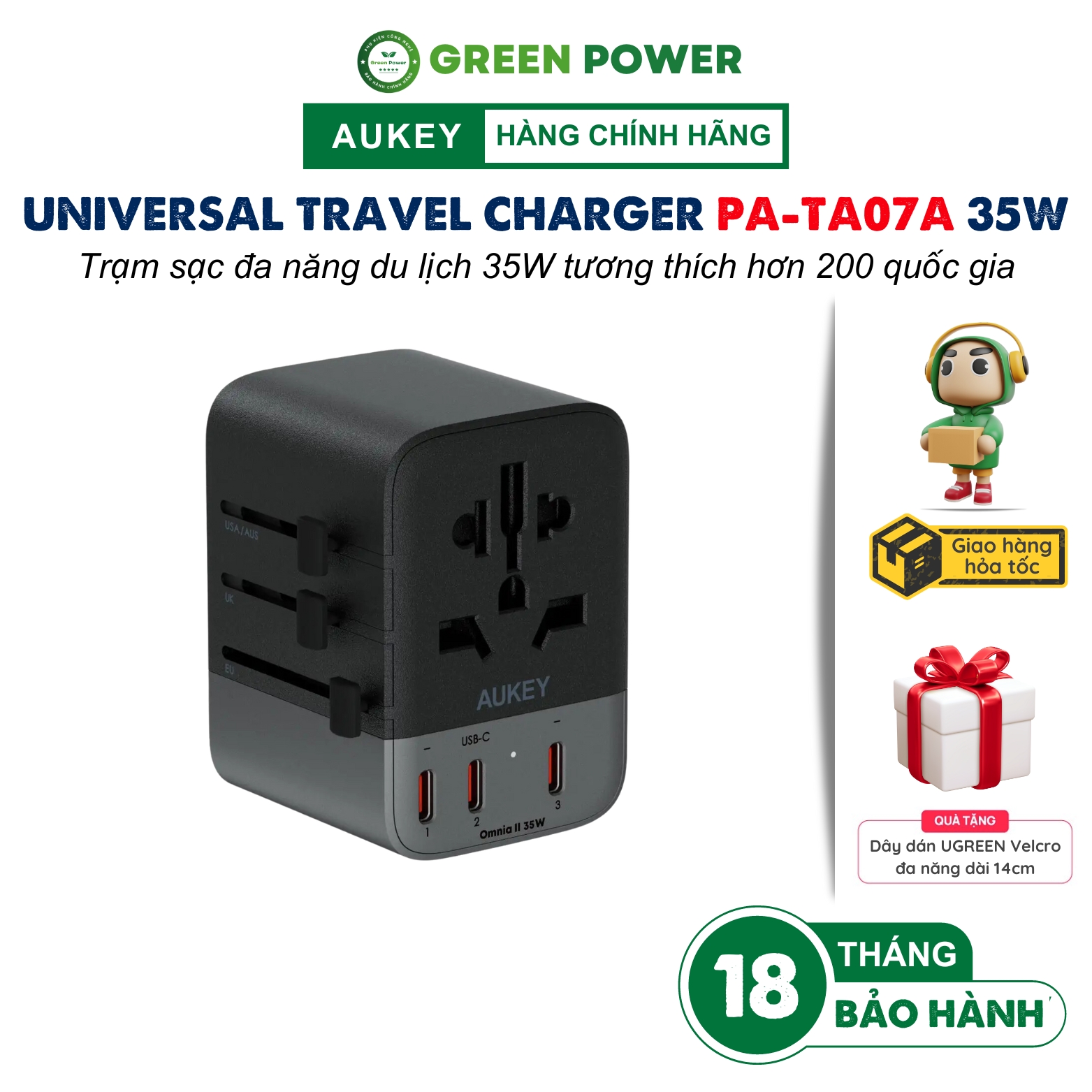 Bộ sạc đa năng universal du lịch aukey pa-ta07a hổ trợ pd 35w 2 usb a + 3 type c, ac - 2500w tương thích 150 quốc gia