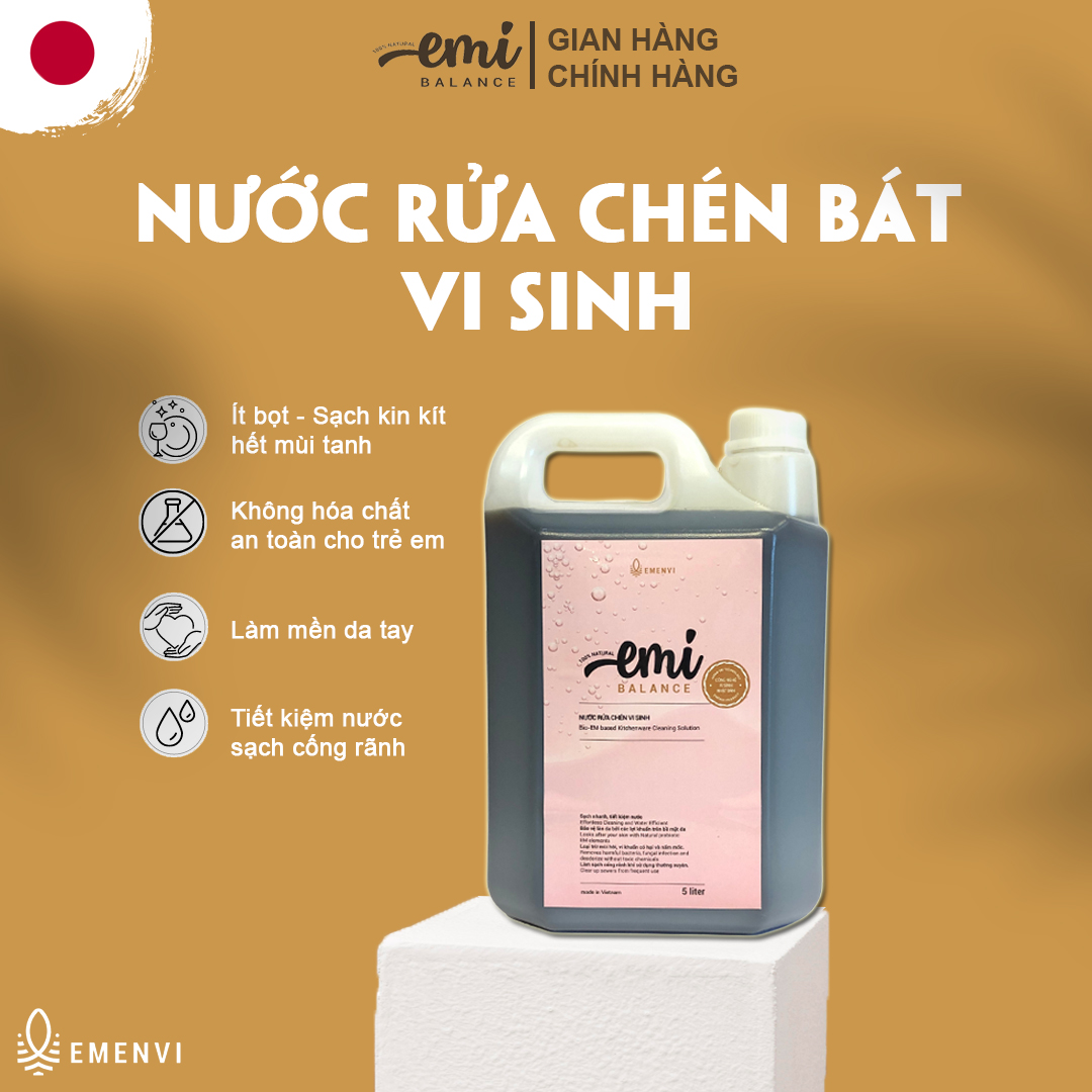 Nước rửa chén bát vi sinh Emi Balance an toàn cho người dùng không gây khô kích ứng da tay can 5L