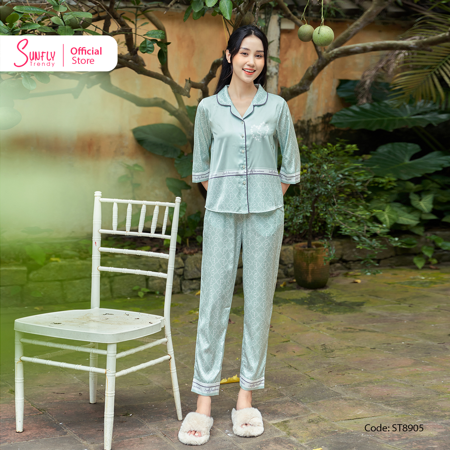 Bộ đồ mặc nhà nữ pyjamas lụa sunfly áo tay lỡ quần dài st8905