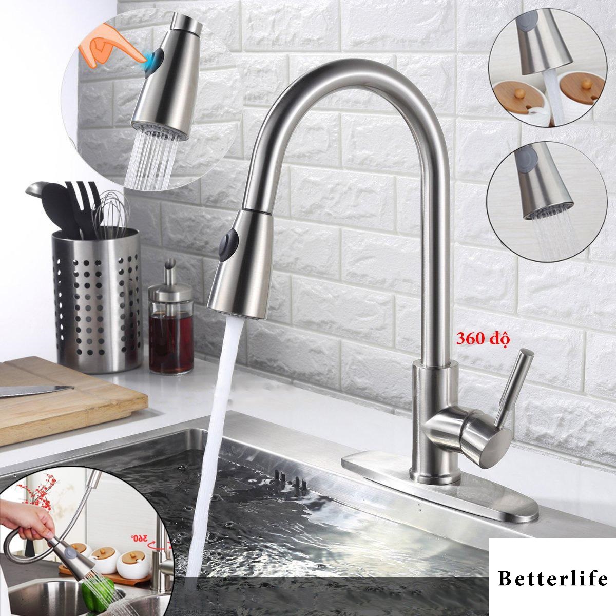 Vòi rửa chén, bát nóng lạnh dây rút 2 chế độ xịt nước Inox SUS304 nóng lạnh xoay 360 độ cao cấp - BetterLife