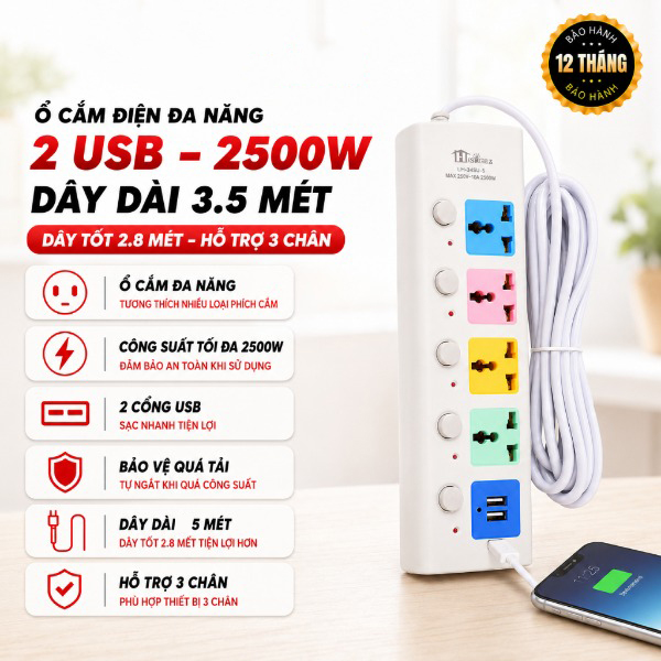 Ổ Cắm Điện USB Đa Năng Cao Cấp Chống Giật Dài 5m, 2 Cổng Cắm USB Chốt An Toàn Tiện Dụng