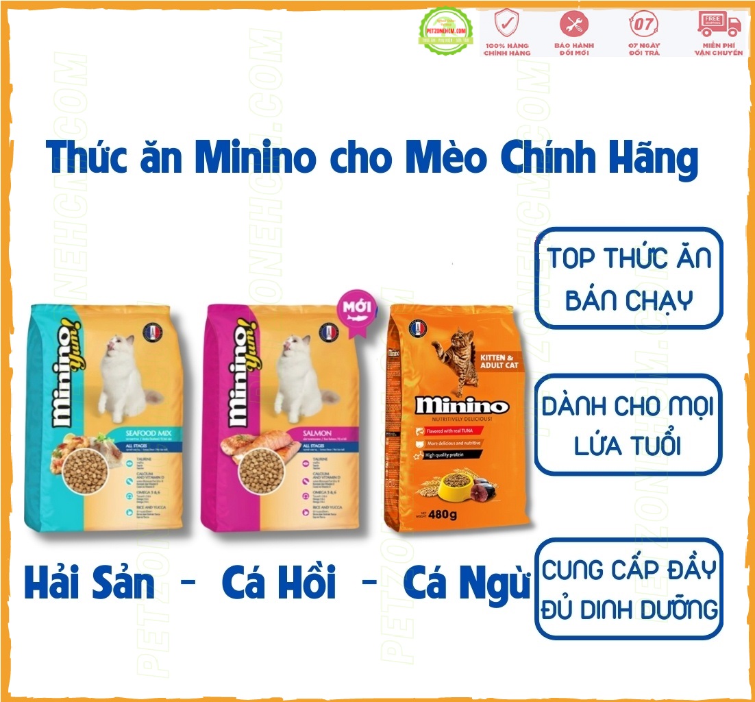 Minino Yum hạt thức ăn cho mèo 🏷️ FREESHIP 🏷️ Thức ăn cho mèo hỗn hợp hoàn chỉnh vị hải sản, cá hồi dùng cho mèo mọi lứa tuổi