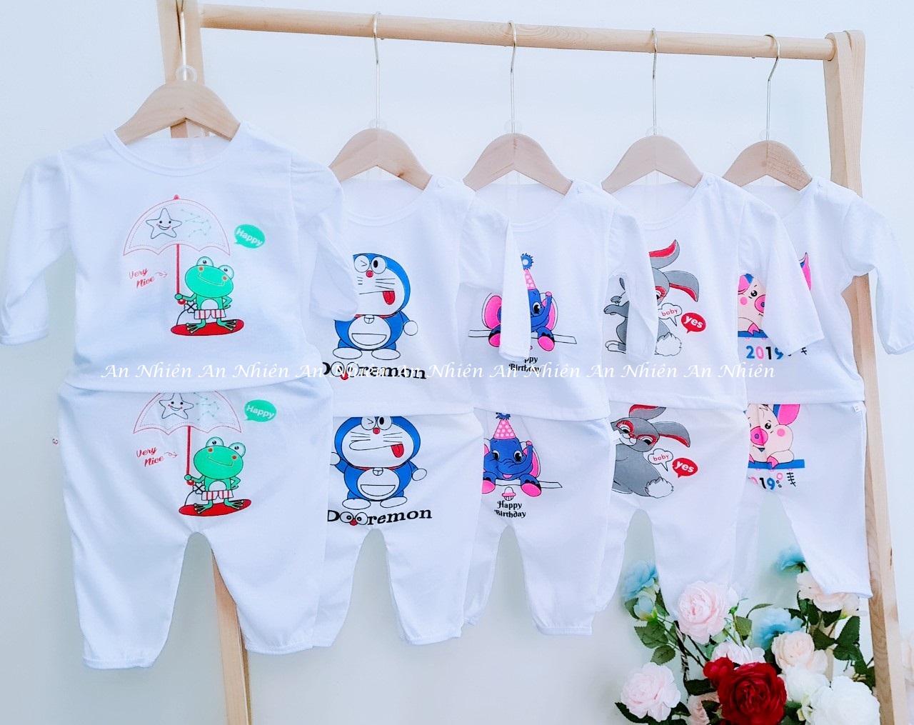 Combo 5 bộ tay dài quần dài chất liệu cotton 2c họa tiết DOREMON, động vật ngộ nghĩnh cho bé 3-14kg
