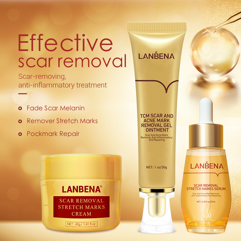LANBENA Bộ tẩy sẹo mụn 3 CHIẾC Serum xóa sẹo Kem mặt để loại bỏ các vết mụn trứng cá Gel tẩy vết rạn da