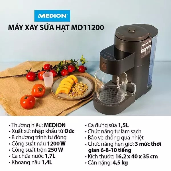 Máy làm sữa hạt Medion MD11200 - Máy xay sinh tố, nấu sữa hạt, có thể xay đá - Chế độ tự động làm sạch sau khi sử dụng.