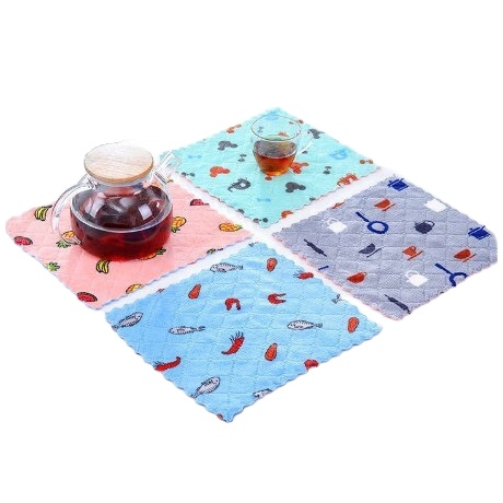 Combo 10 khăn lau chén đĩa vải san hô in họa tiết hoạt hình