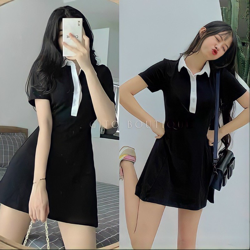 Đầm váy polo dáng xòe phối cổ trắng tôn dáng mặc đẹp