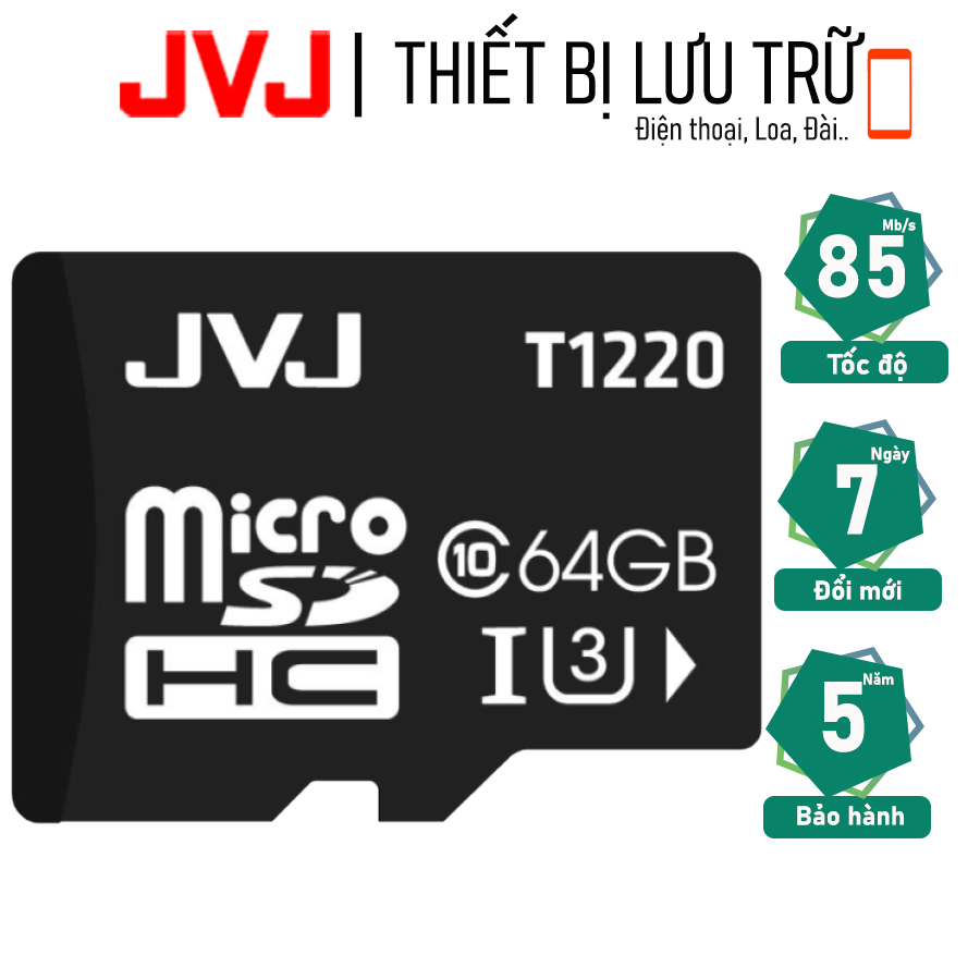 Thẻ nhớ 64Gb Class10 JVJ microSDHC tốc độ cao - thẻ nhớ chuyên dụng camera wifi, camera hành trình, camera yoosee, thẻ game, điện thoại, BH 5 năm 1 đổi 1,  Samsung, Oppo, Xiaomi, điện thoại android