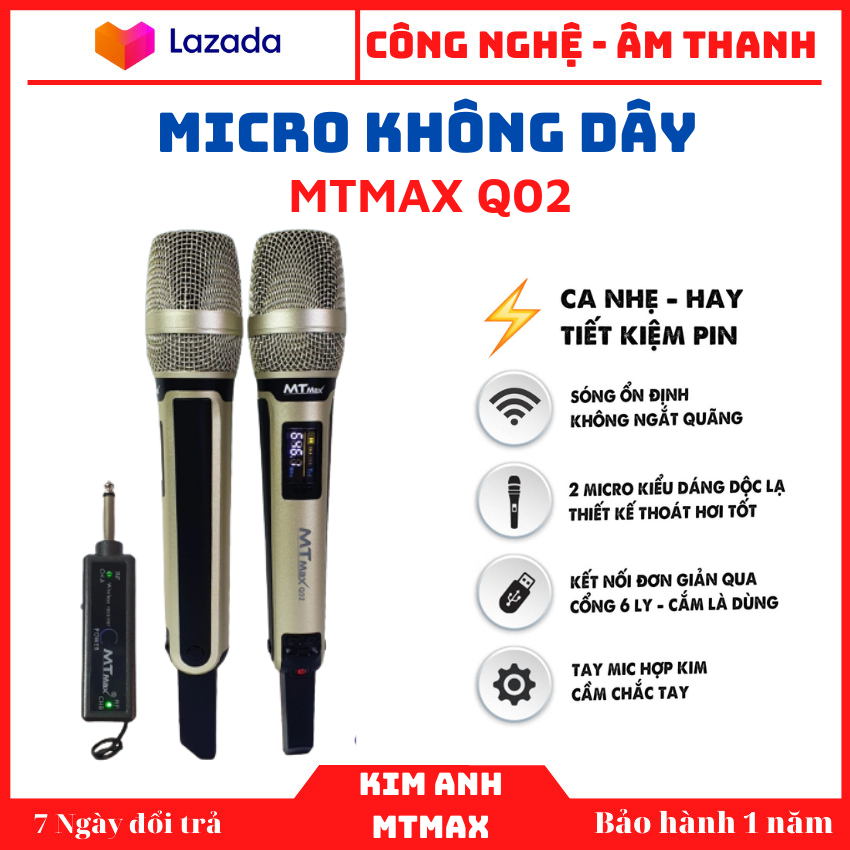 Micro Không Dây Đa Năng MTMAX Q02,micro ko dây dễ dang - Micro không dây sử dụng cho mọi loại thiết bị âm thanh - Micro dành cho loa kéo, loa bluetooth, amply - Màn hình Led hiển thị thông số - Âm thanh cực hay (bảo hành 12 tháng