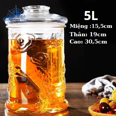 Bình Ngâm Rưou Sâm Thủy Tinh 5 Lít Hoa Văn Rồng - Không Van