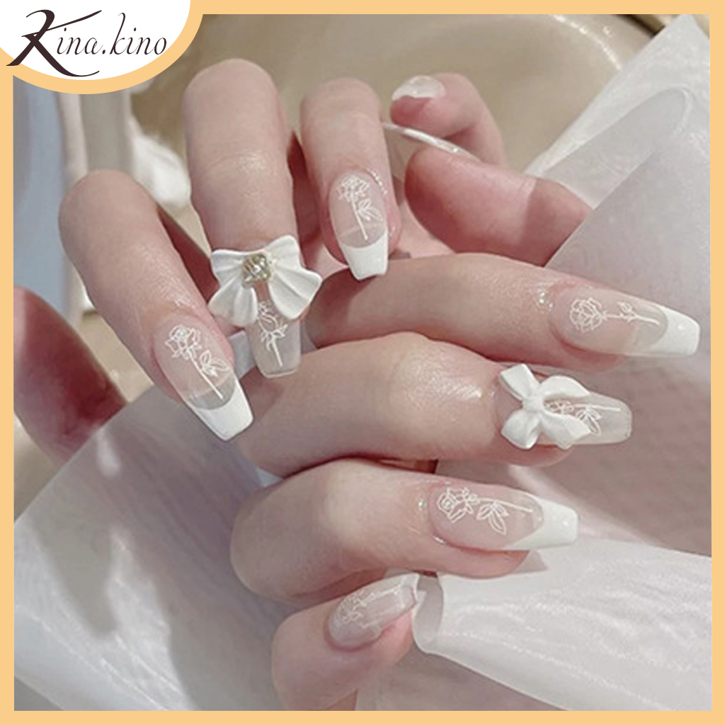 M&oacute;ng tay đ&iacute;nh nơ đ&aacute; cao cấp hộp 24 m&oacute;ng k&egrave;m keo, m&oacute;ng tay giả nơ trắng Kinakino phukienlamdep