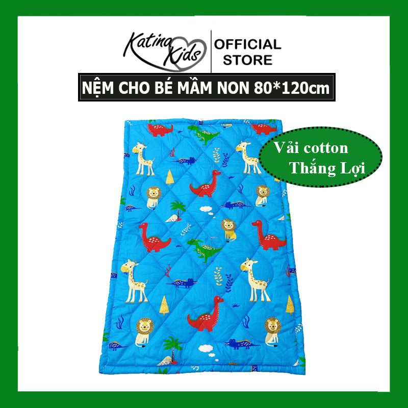 Nệm cho bé đi học mầm non kt 80x120cm, vải cotton Thắng Lợi mềm mát thấm hút tốt, họa tiết hoạt hình dễ thương gần gũi
