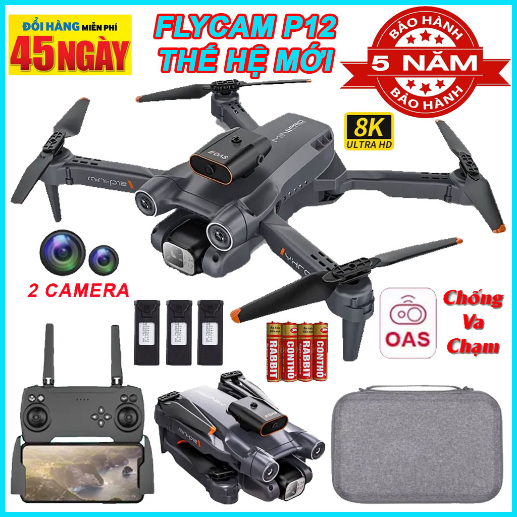 Flycam Camera Mini P12 Pro Max Cảm Biến Va Chạm Drone Camera 8K Phờ Lai Cam Fly cam Máy Bay Flycam Playcam Flay cam Play camera