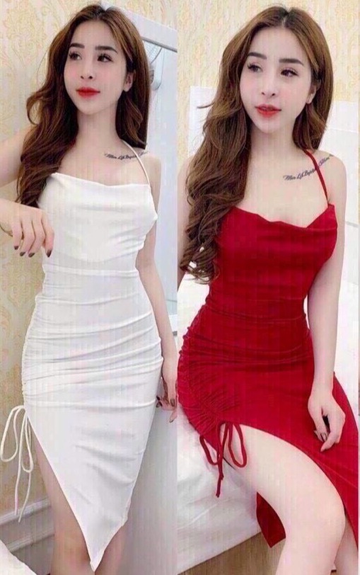 [HCM]Đầm hai dây cổ đổ có mút ngực cao cấp năm màu ( vàng đen nâu trắng và đỏ )