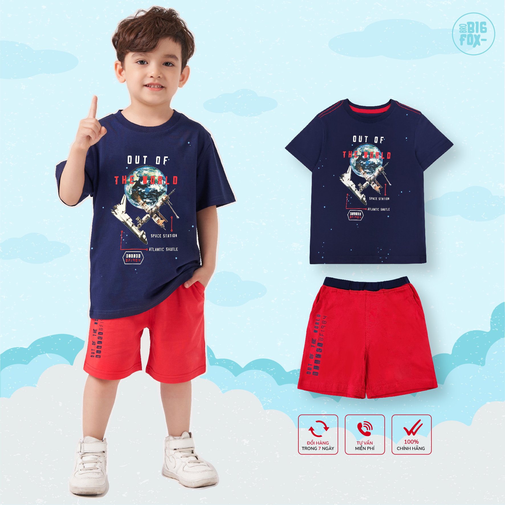 Bộ bé trai BIGFOX - MISS MEOW size đại, đồ bộ cộc tay cho bé chất cotton phong cách Âu Mỹ hình in THE WORLD 10 – 36kg QATE