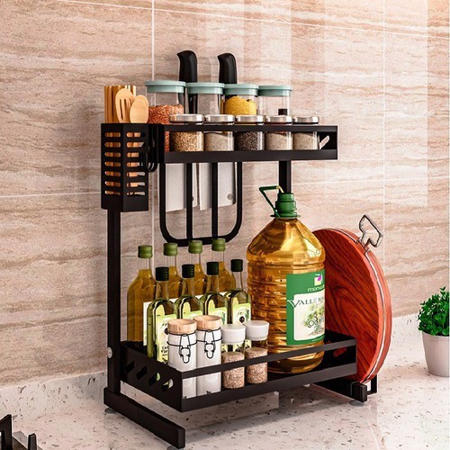 Kệ gia vị 2 tầng thép đen có chỗ để dao thớt - để đồ nhà bếp đa năng