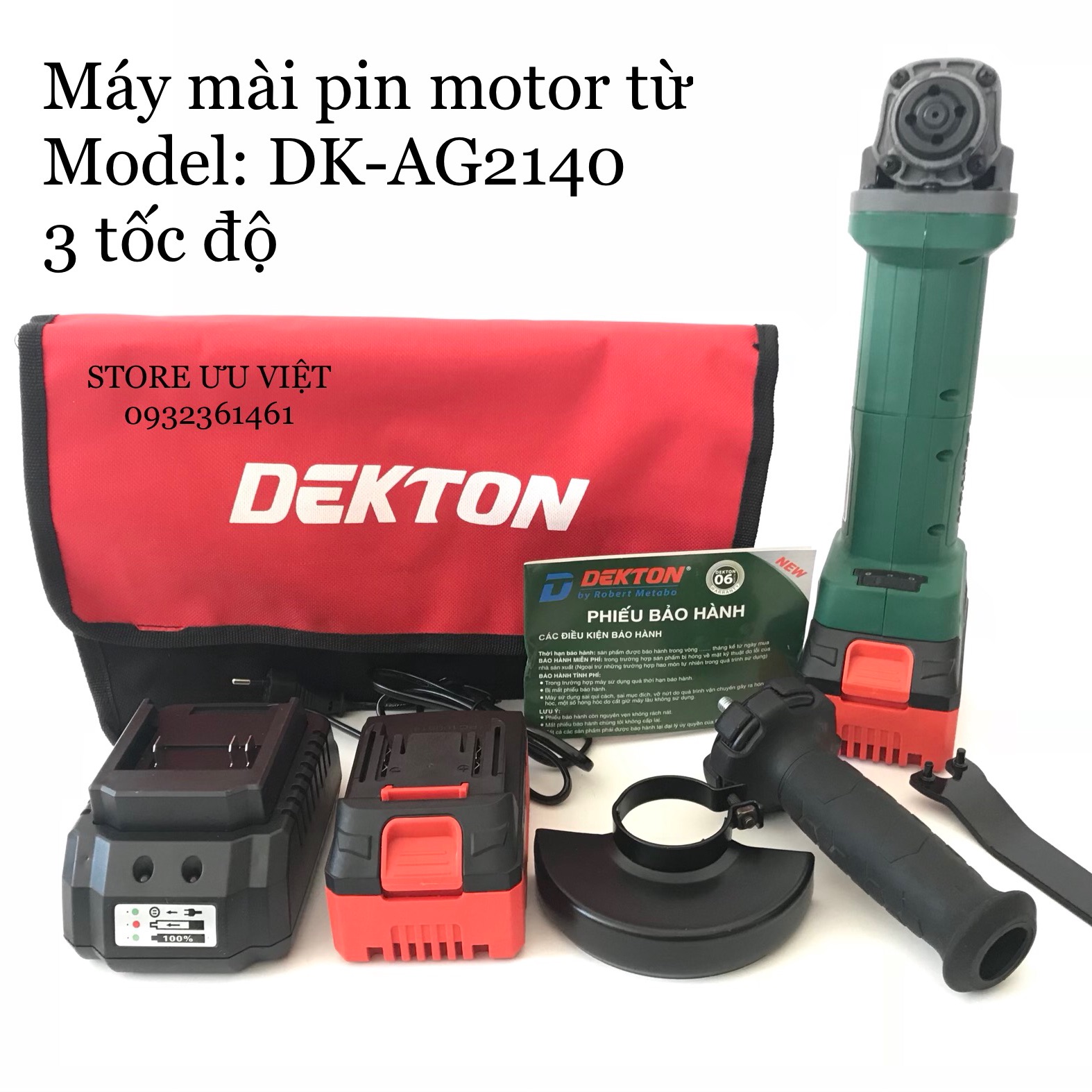Máy cắt, mài góc dùng pin motor từ không chổi than 3 tốc độ chính hãng dekton model: dk-ag2140