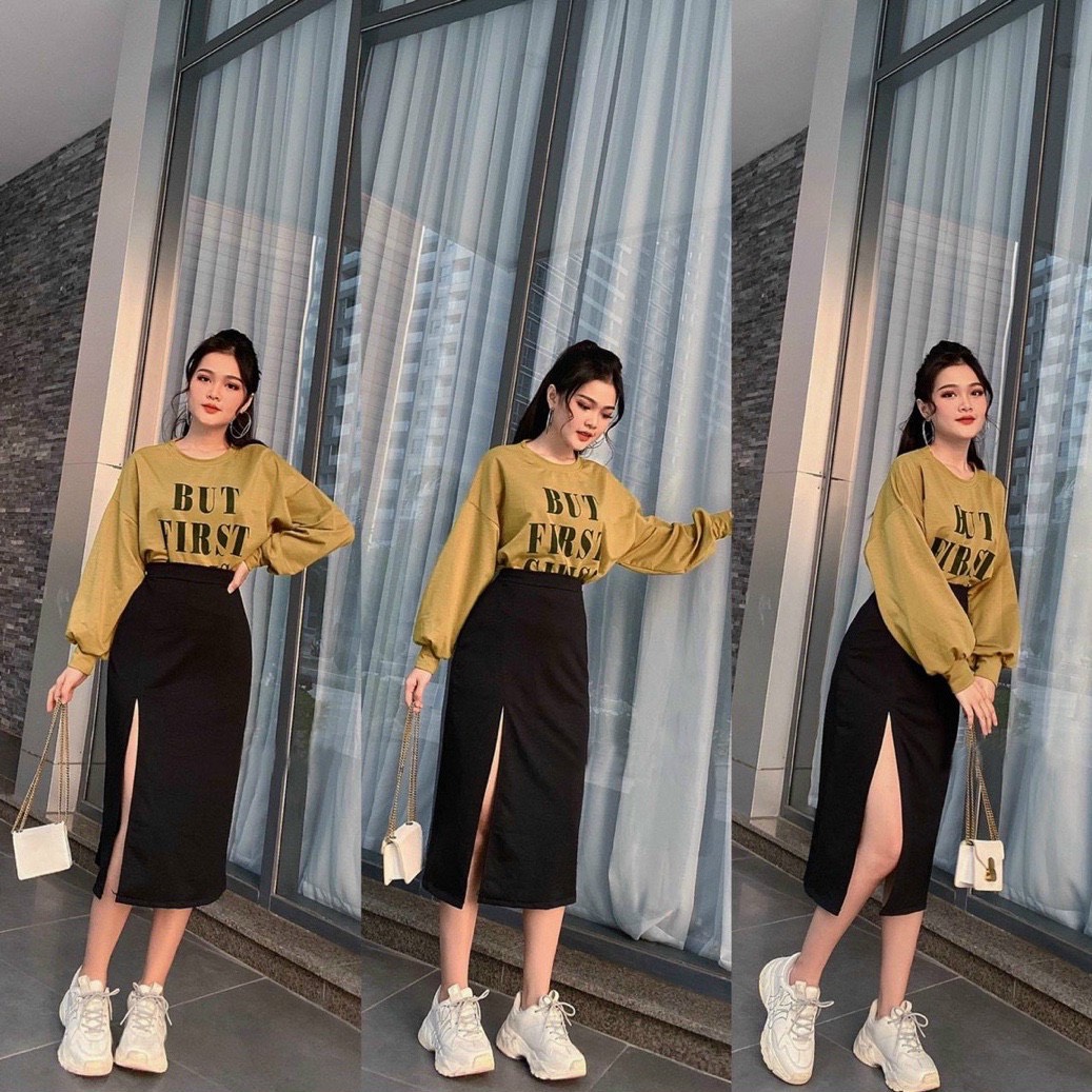 Sét áo tay dài in chữ+ chân váy xẻ tà tôn dáng điệu đà
