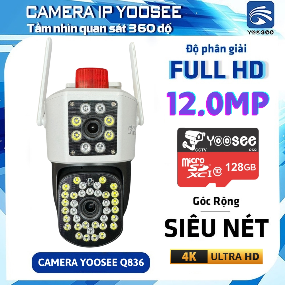 Camera IP Yoosee Q836 2 MẮT cùng lúc 8.0MPX xoay 360 độ,xem đêm có màu, chất liệu chống nước bền bỉ