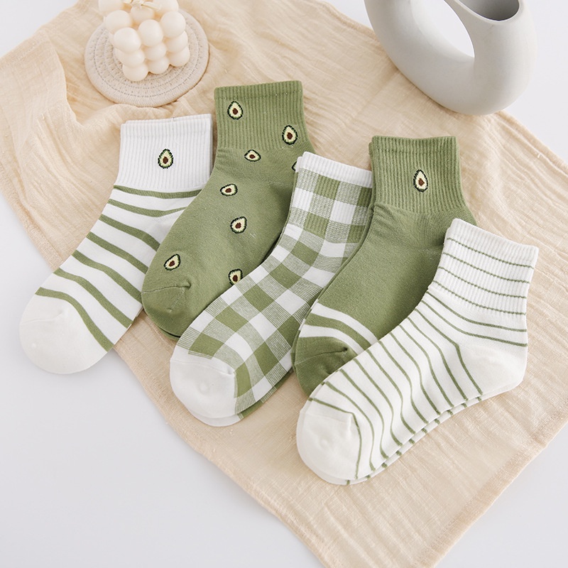 Set 5 vớ nữ cổ cao cute in hình quả bơ xanh siêu xinh Muzini TN95