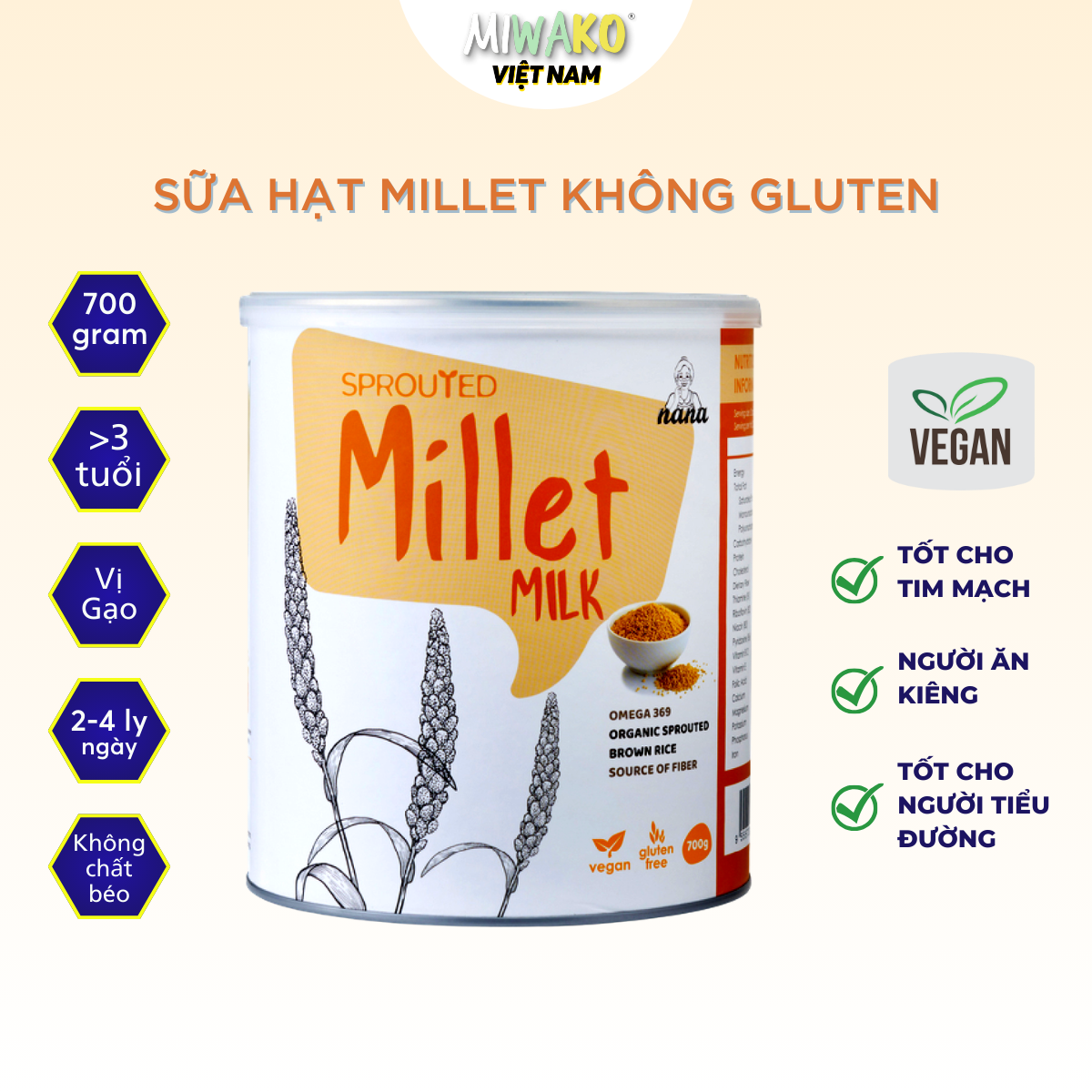 Sữa bầu organic millet cho mẹ bầu tiểu đường thai kì và cho con bú làm từ thực vật lành tính lon 700g