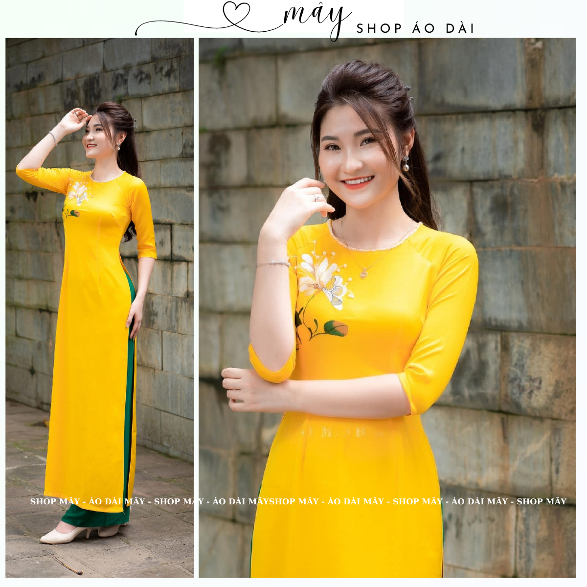 Áo Dài truyền thống cổ tròn - Lụa tây thi cao cấp - Shop MÂY