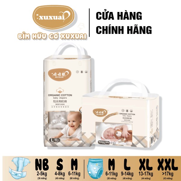 Bỉm hữu cơ xuxuai / bỉm dán nb36, s68, m60 / bỉm quần m50, l48, xl44, xxl42.