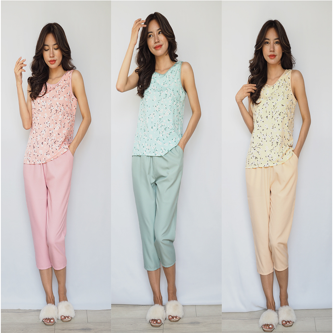 Đồ bộ nữ mặc ở nhà quần lửng sát nách lụa thái cao cấp hoa nhí siêu sang