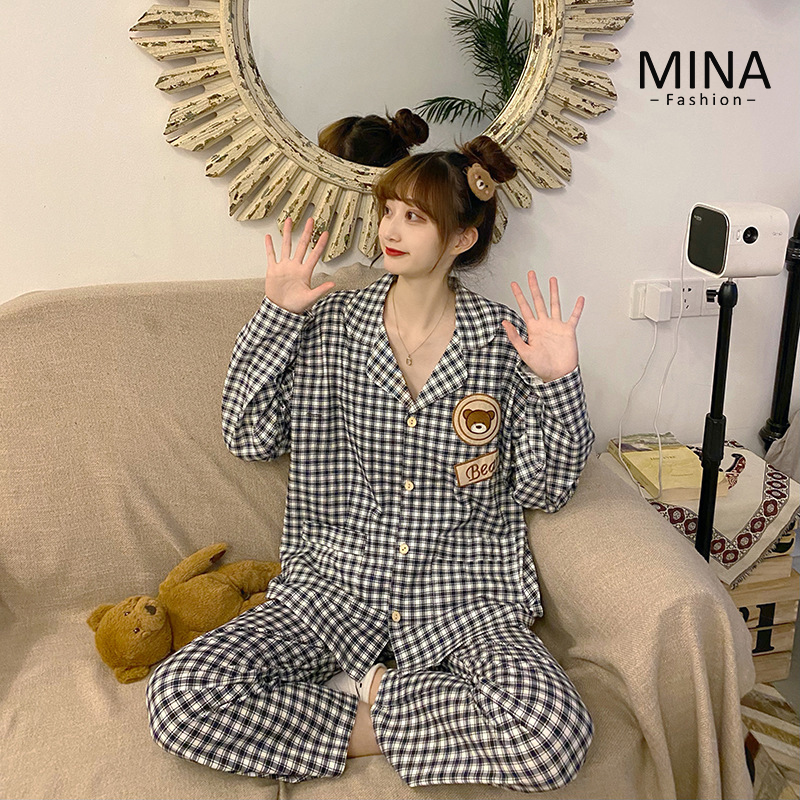 Đồ bộ pyjama dài tay, đồ ngủ mặc nhà pizama kẻ caro nữ siêu dễ thương