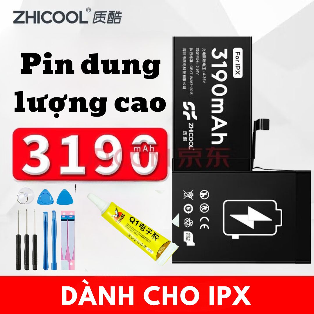 Pin DUNG LƯỢNG CAO iP X 3190mAh Zhicool, Tặng kèm bộ mở máy và keo dán, Bảo hành 3 tháng