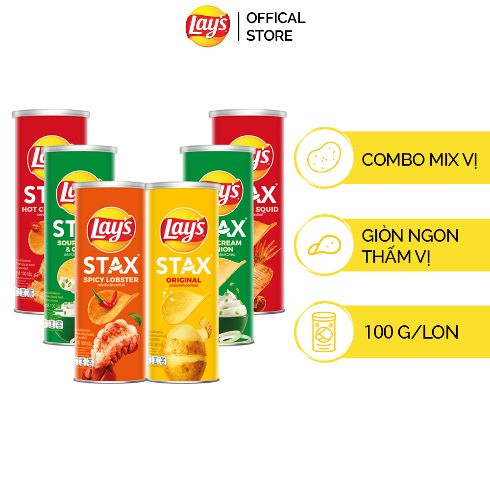 Combo 6 Lay's Stax 100gr (Tự nhiên, Tôm hùm nướng ngũ vị, 2 Kem chua hành, 2 Mực sốt cay)