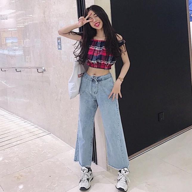 Quần jeans nữ ống rộng thắt nơ cao cấp
