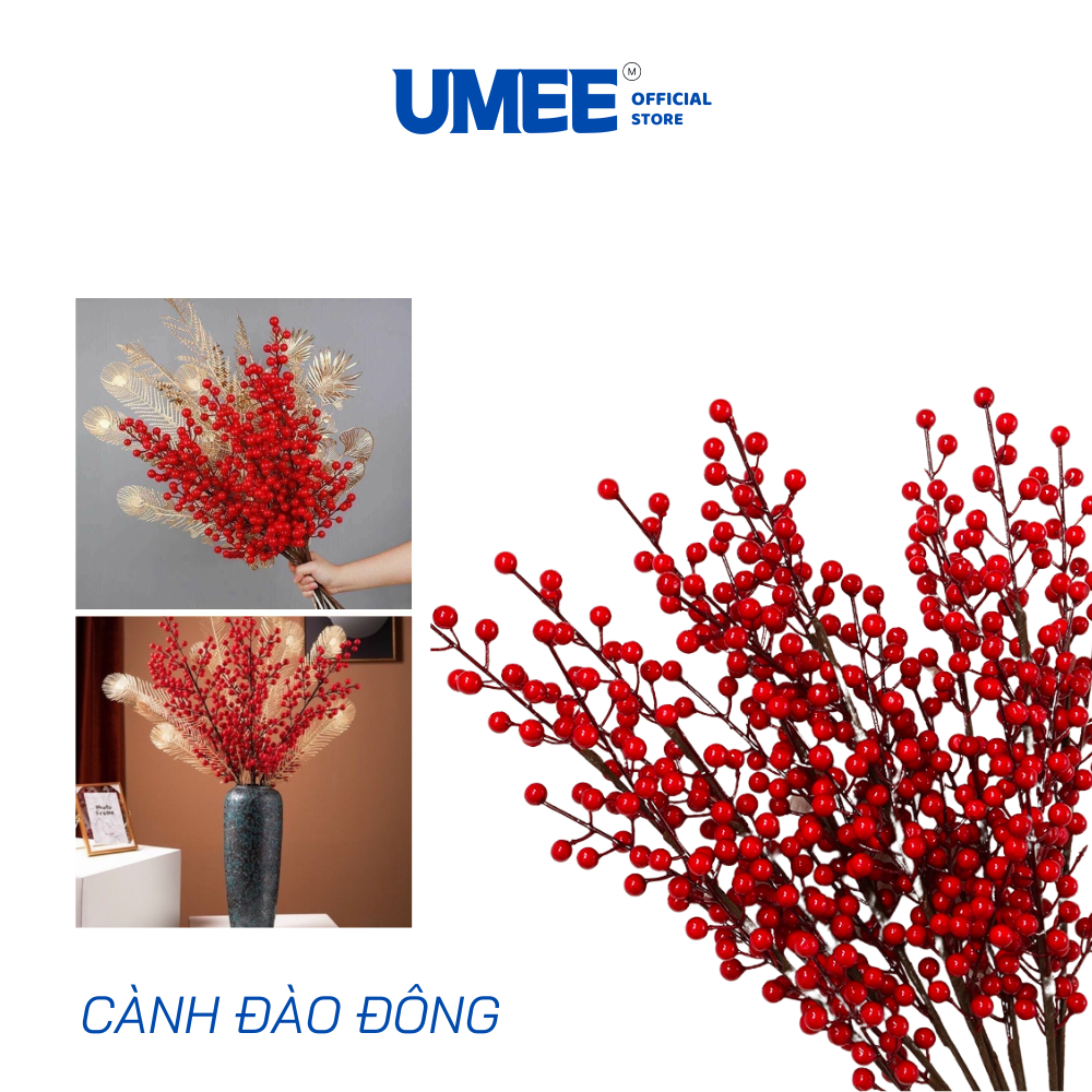 Cành Đào Đông Đỏ GLAMO HOME Cành đào 6 nhánh trang trí ngày tết, ban thần tài, phòng khách