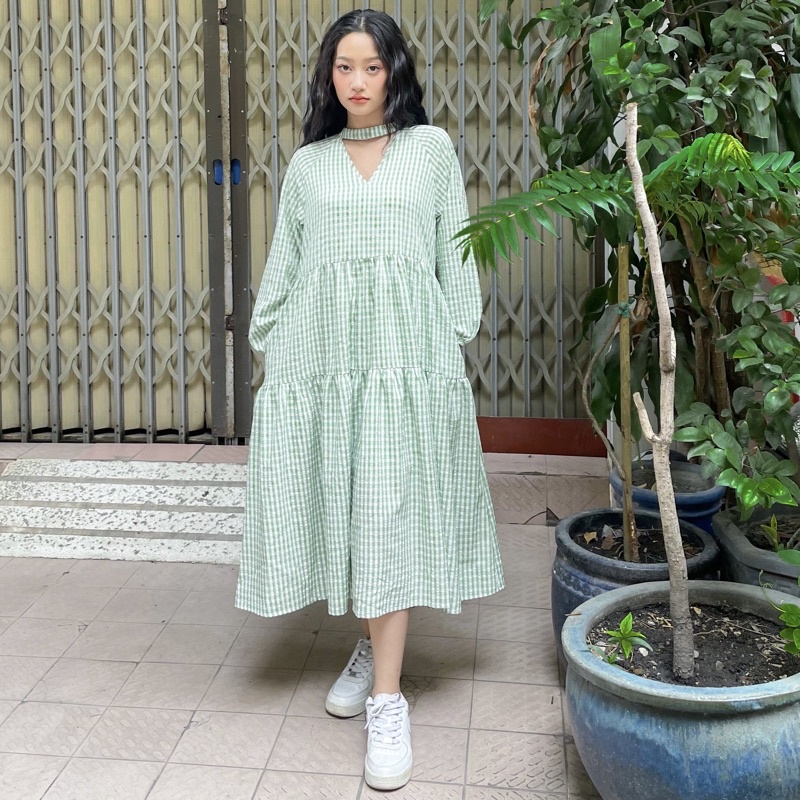- đầm baby doll flera dress - xanh caro
