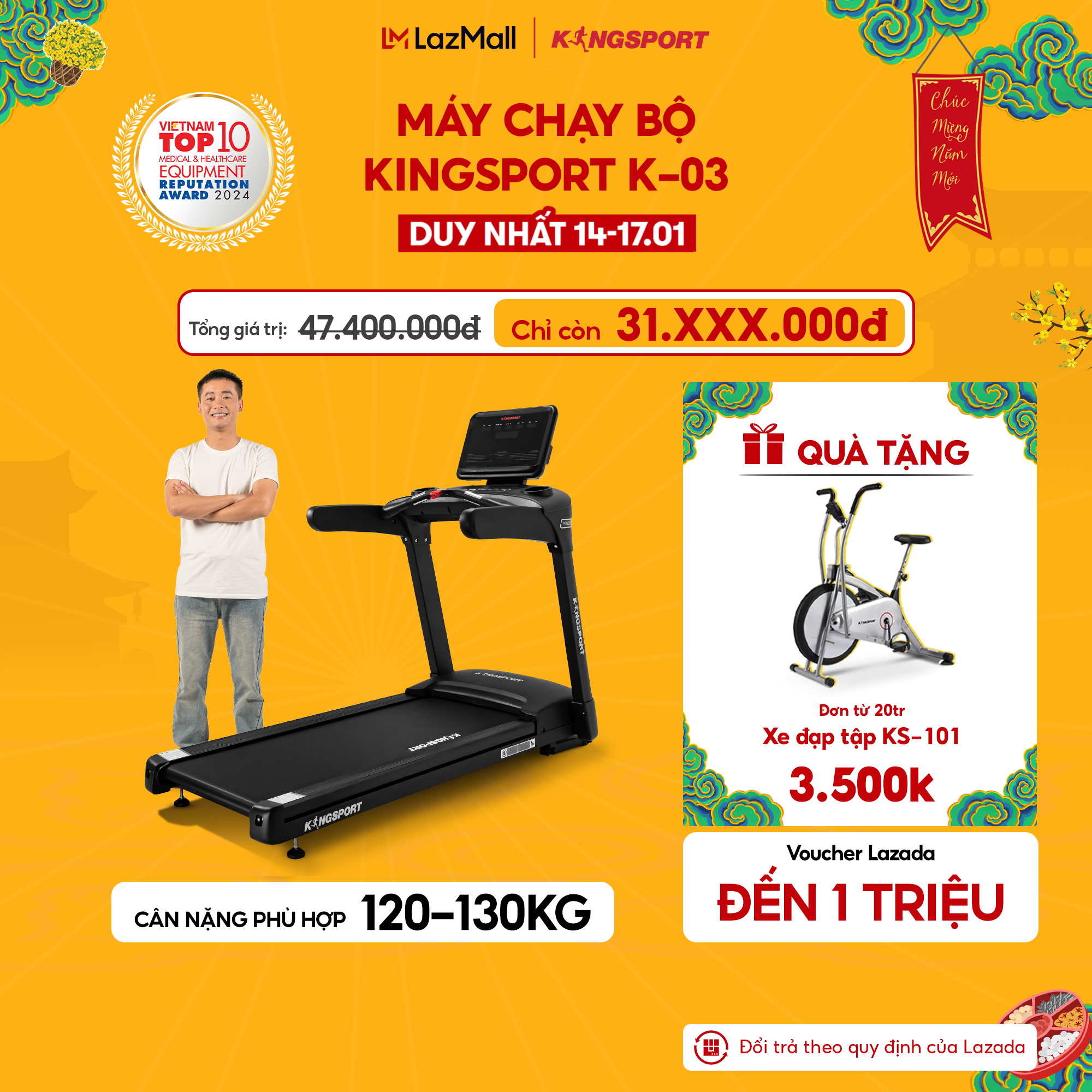 [Miễn phí lắp đặt] Miễn phí vận chuyển] Máy chạy bộ KINGSPORT K-03 đơn năng, tốc độ tối đa 20km/h, 24 chương trình luyện tập