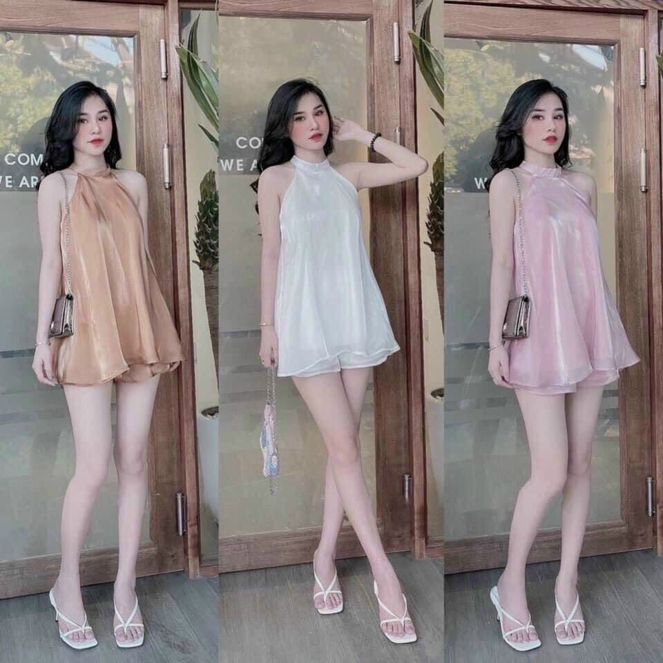 [Hàng Hot] Sét Đồ Bộ Nữ Chất Phi Đũi Cao Cấp Áo Cổ Yếm Dài & Quần Short Thời Trang Kiểu Cách Đi Chơi, Đi Dự Tiệc D.ONE FASHION, Mẫu Free Size (40-55Kg) Mặc Vừa