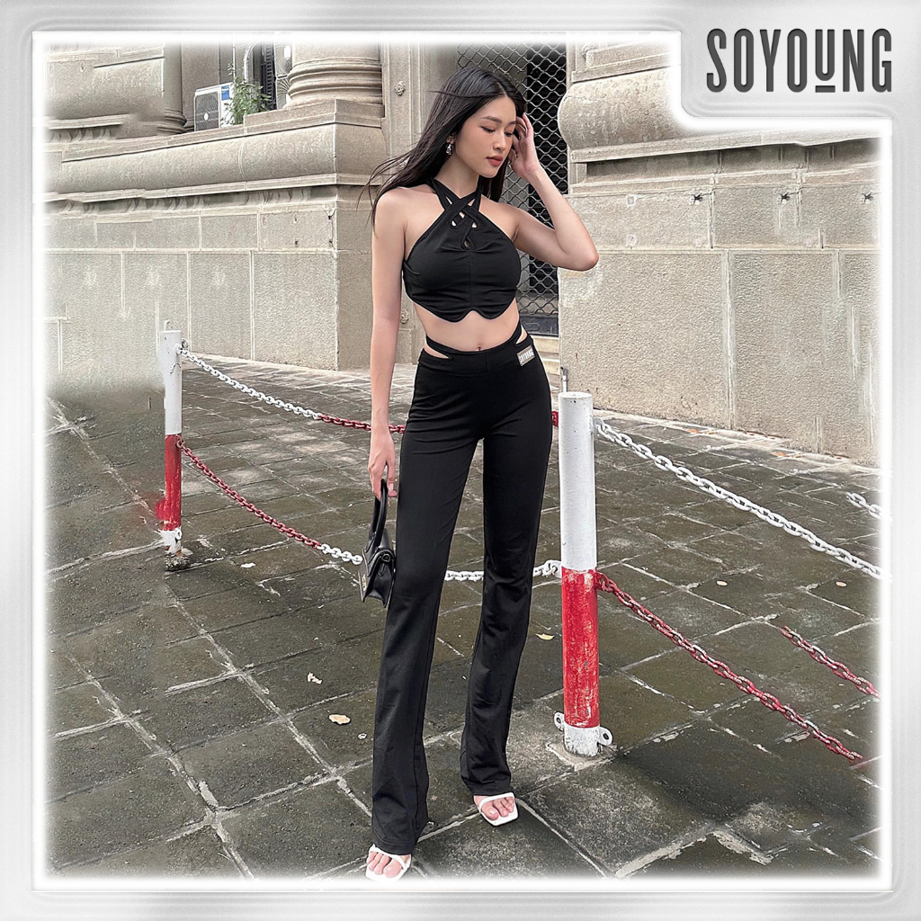 Áo croptop kèm quần ôm body kaylin thiết kế cổ vạt chéo cạp cut out soyoung - asy220305 - qsy220306