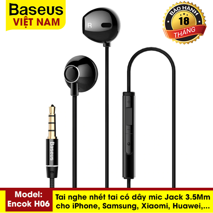 Tai nghe nhét tai có dây mic Bass Âm Thanh Jack 3.5Mm Cho iPhone(Baseus Encok H06) Samsung xiaomi