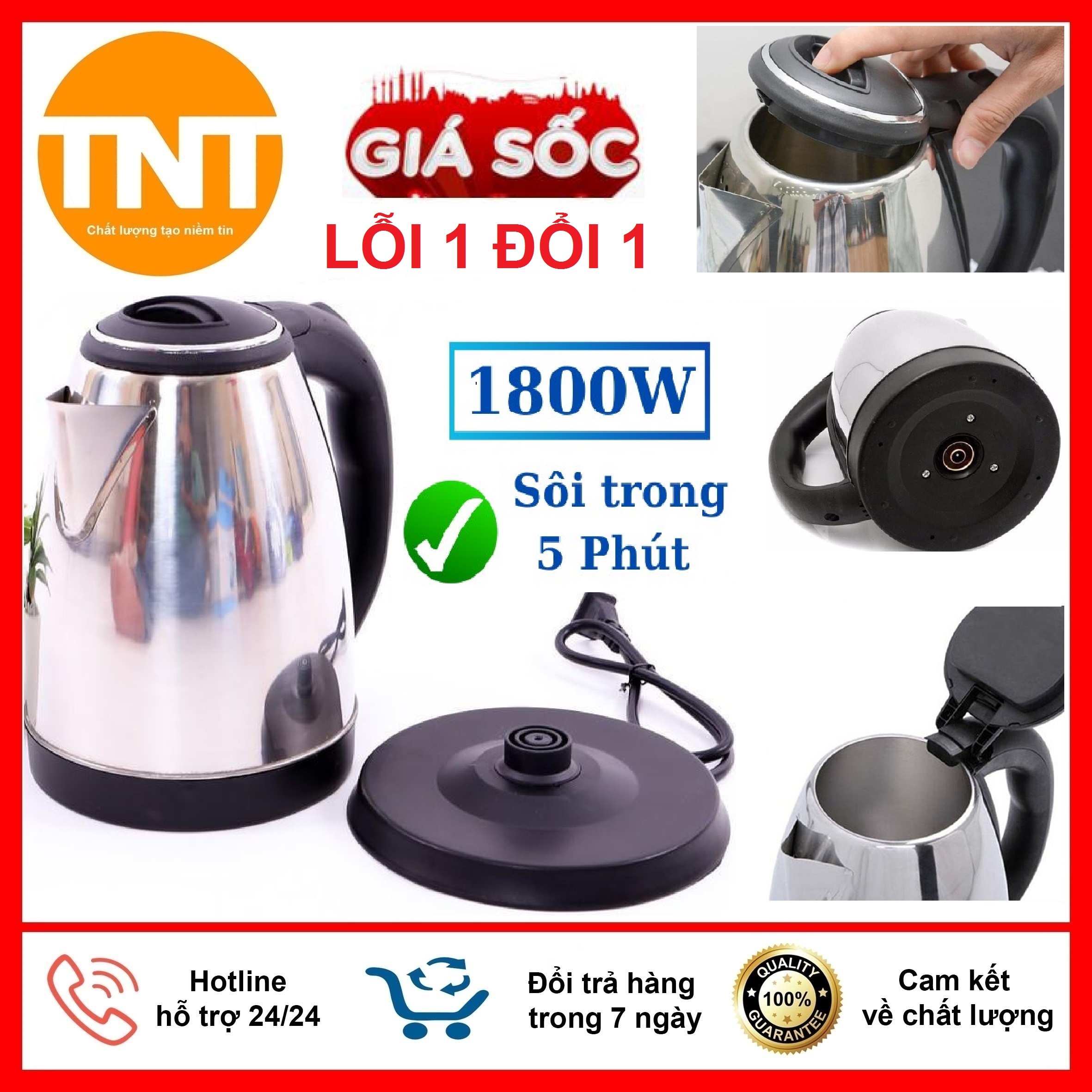 Ấm siêu tốc inox 1.8l cao cấp đun nước đạt chuẩn